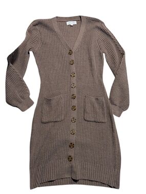 Long Knit Button-Front Cardigan Sweater in Taupe